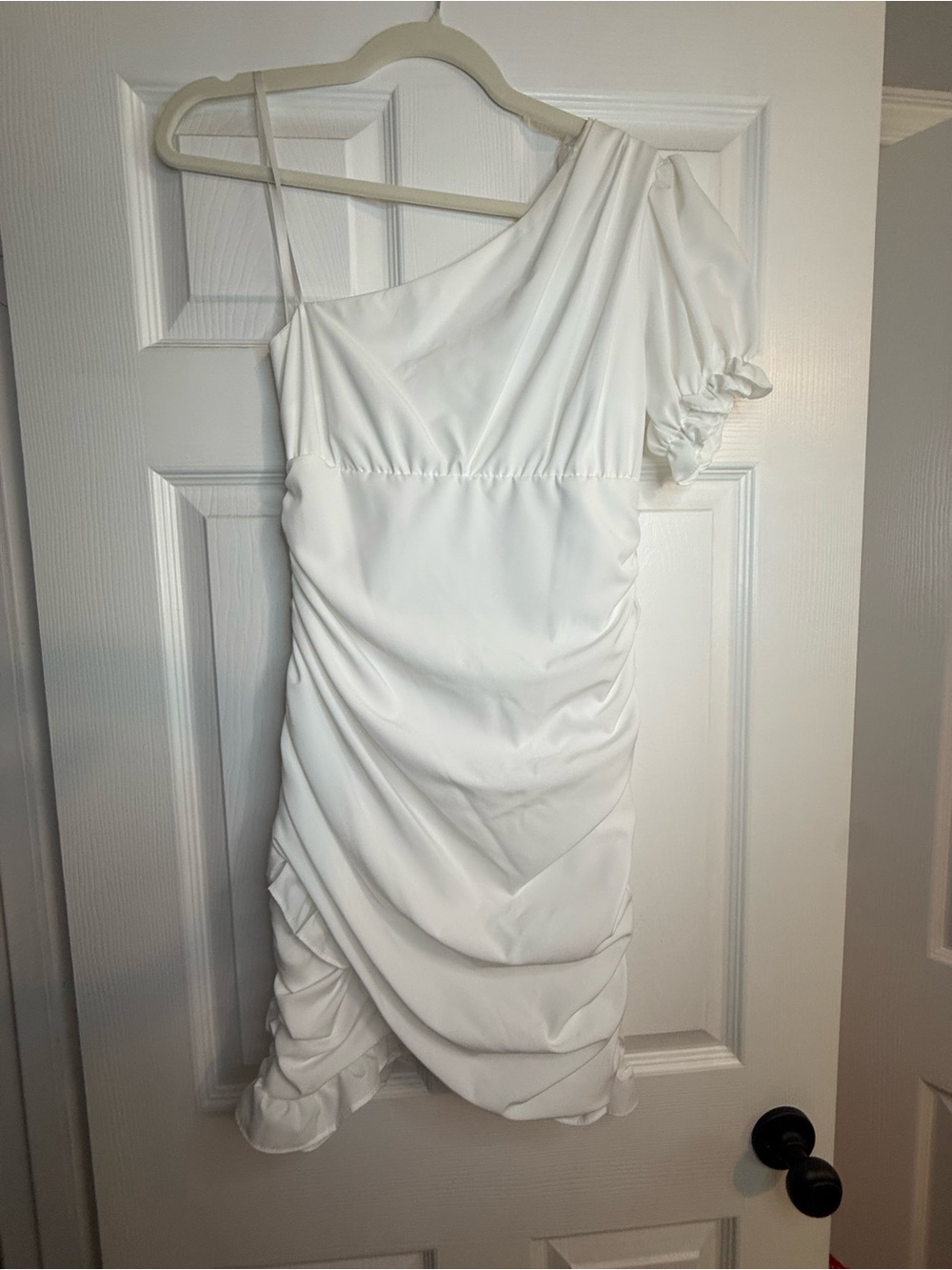 B Darlin White One-Shoulder Ruched Mini Dress